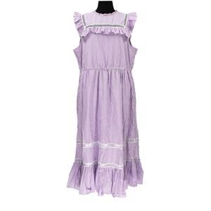 J. Crew Purple Pleated Ruffle Tiered Lace Dress XL NEW Cotton Pinstripe Midi